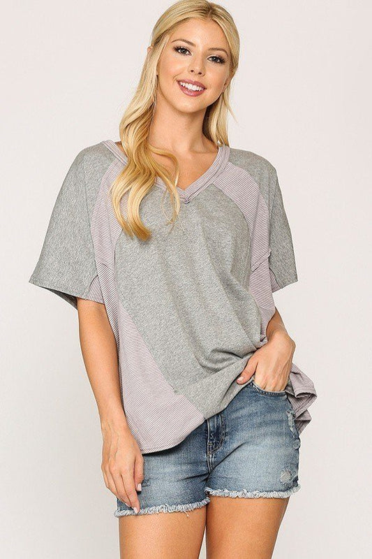 Rib Knit Mixed Dolman Sleeve Top With Round Hem - ThingsWeUseAndLove 