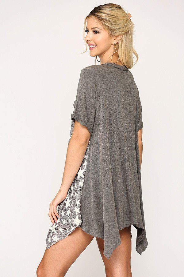 Star Textured Knit Mixed Tunic Top With Shark Bite Hem - ThingsWeUseAndLove 