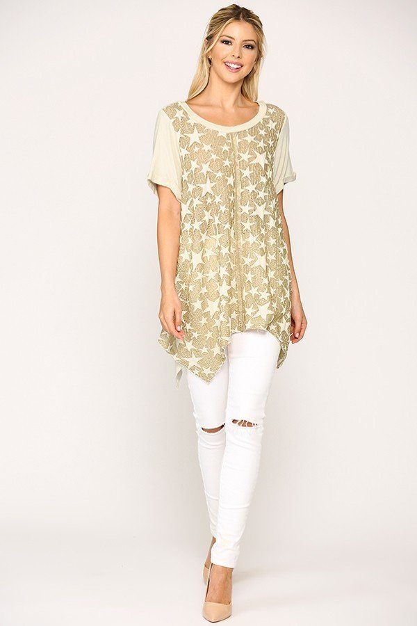 Star Textured Knit Mixed Tunic Top With Shark Bite Hem - ThingsWeUseAndLove 