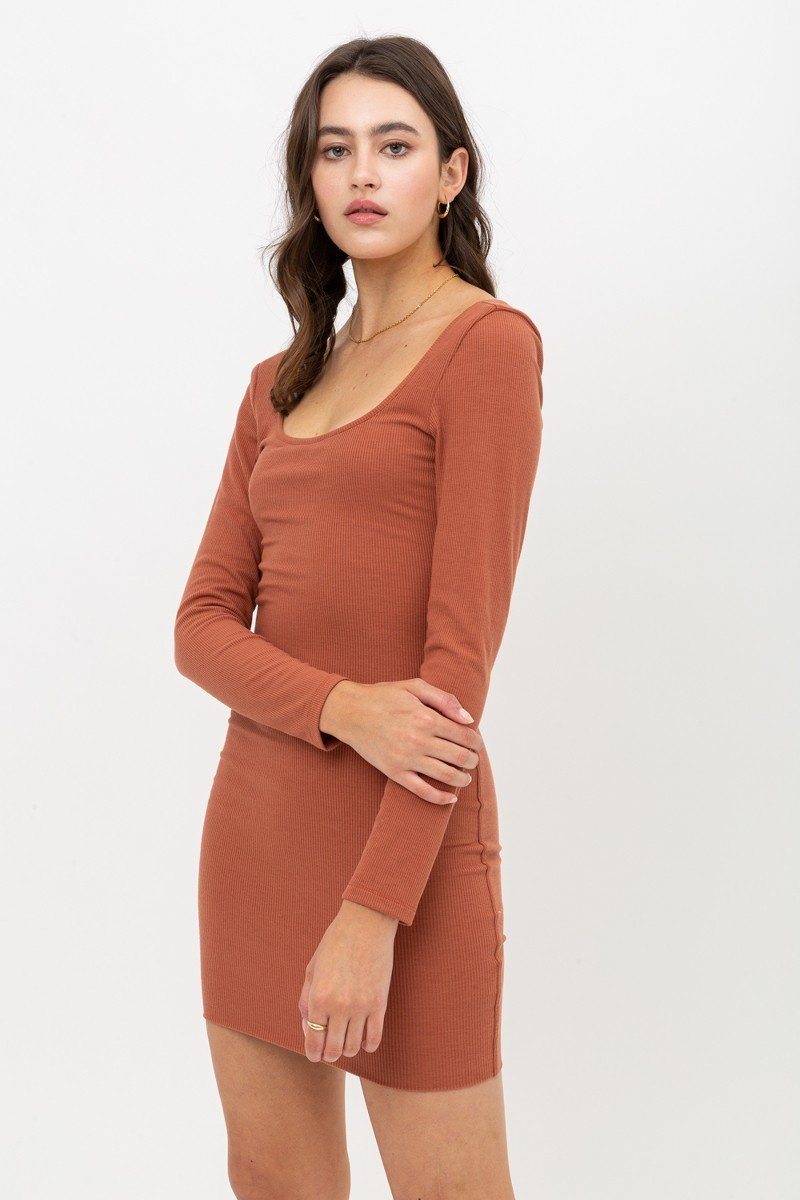 U Neck Of Front And Back Side, Basic Rib Dress With Long Sleeve - ThingsWeUseAndLove 