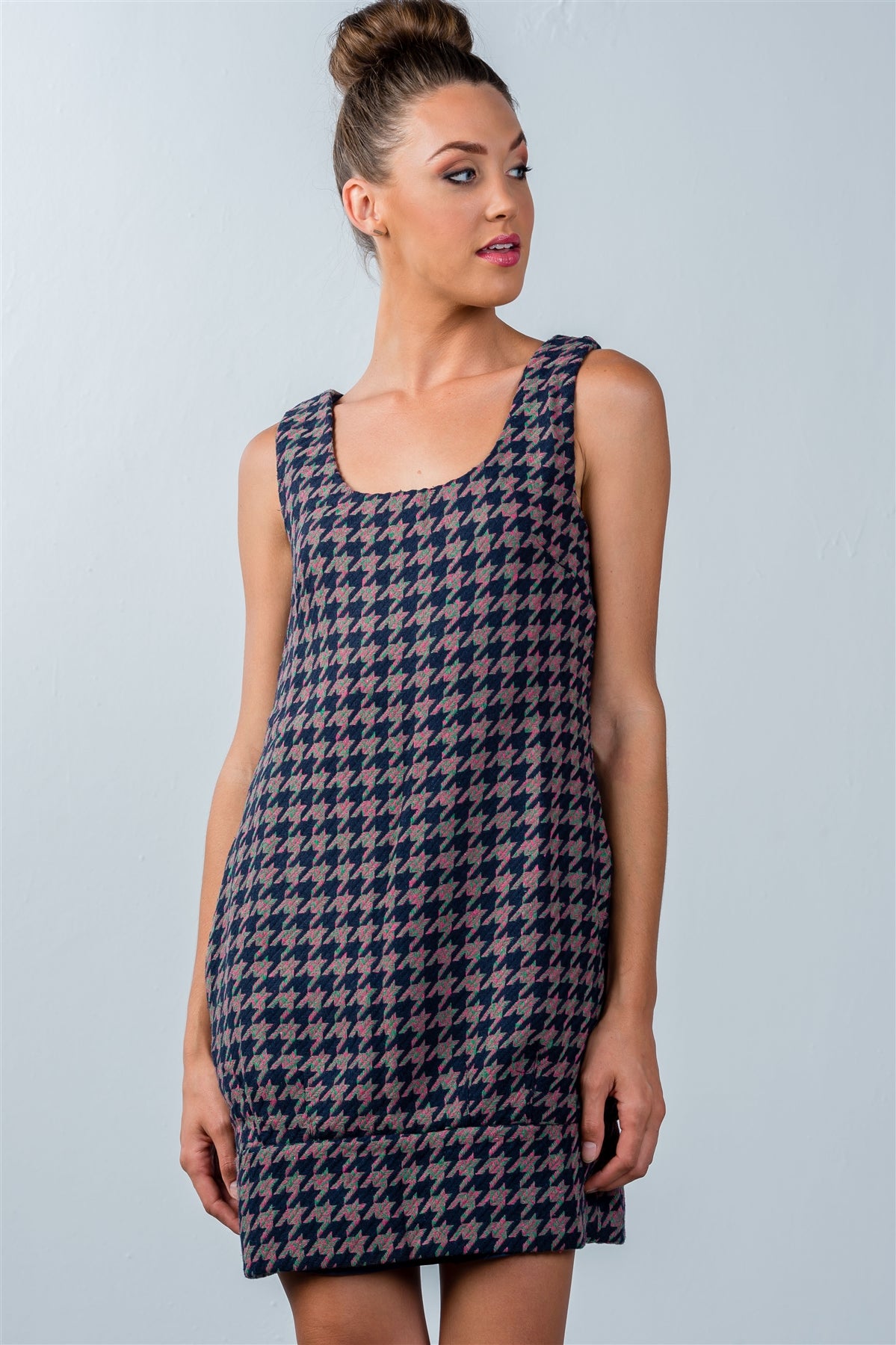 Multi Houndstooth Pattern Sleeveless Mini Dress - ThingsWeUseAndLove 