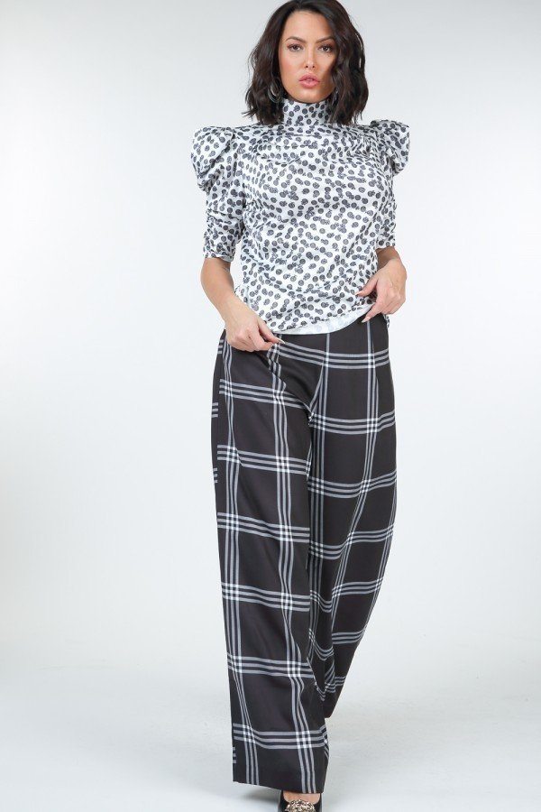 High Waist Plaid Print Wide Leg Pants - ThingsWeUseAndLove 