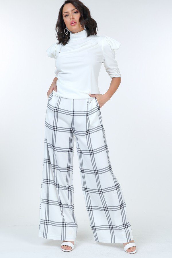 High Waist Plaid Print Wide Leg Pants - ThingsWeUseAndLove 