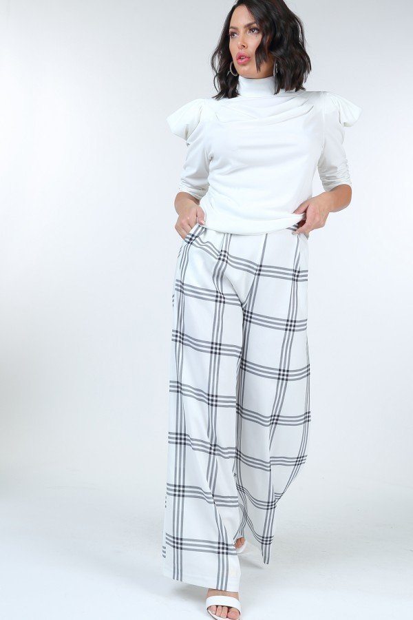 High Waist Plaid Print Wide Leg Pants - ThingsWeUseAndLove 