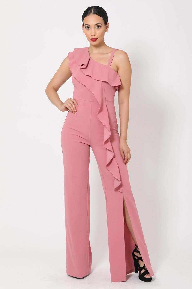 One Shoulder Ruffle Jumpsuit - ThingsWeUseAndLove 