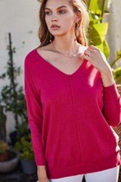 V Neck 3/4 Sleeve Side Slit Hi-lo Sweater - ThingsWeUseAndLove 