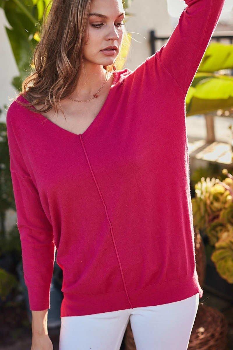 V Neck 3/4 Sleeve Side Slit Hi-lo Sweater - ThingsWeUseAndLove 