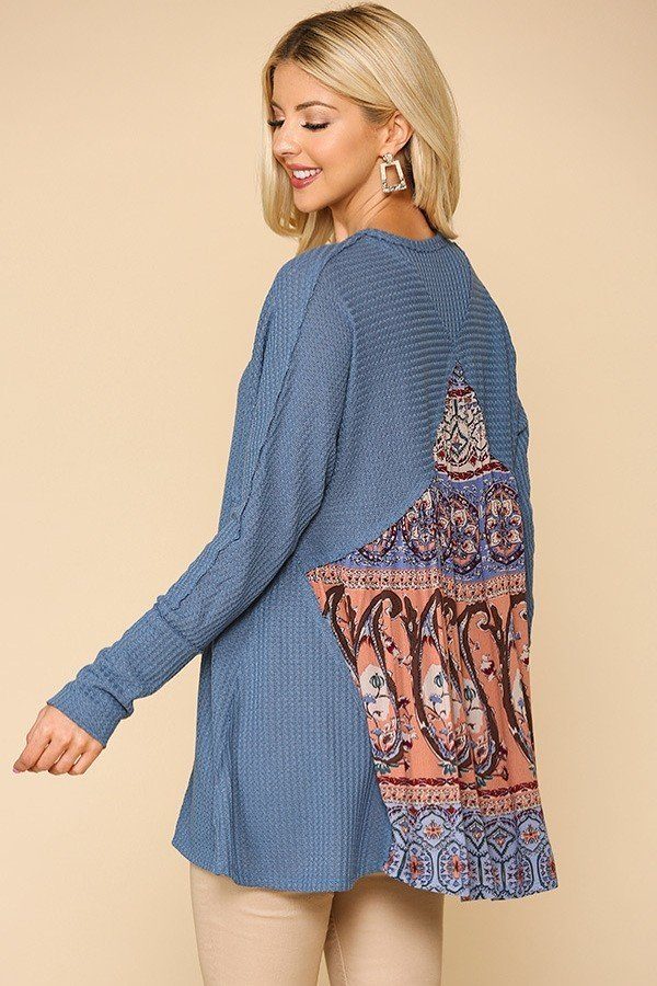 Waffle Knit And Woven Print Mixed Hi Low Flowy Tunic Top - ThingsWeUseAndLove 