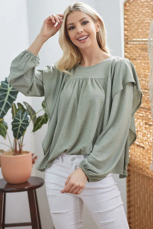 Draped Ruffle Longsleeve Top - ThingsWeUseAndLove 