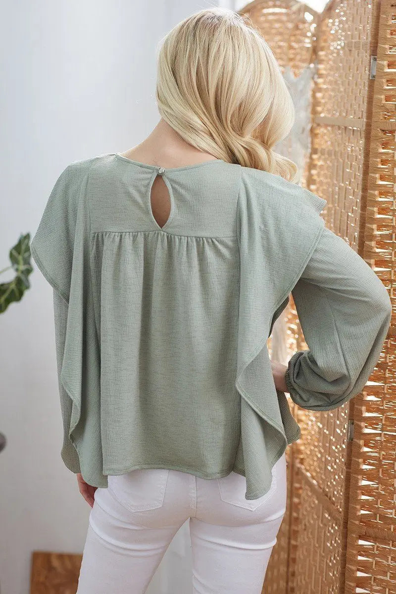 Draped Ruffle Longsleeve Top - ThingsWeUseAndLove 