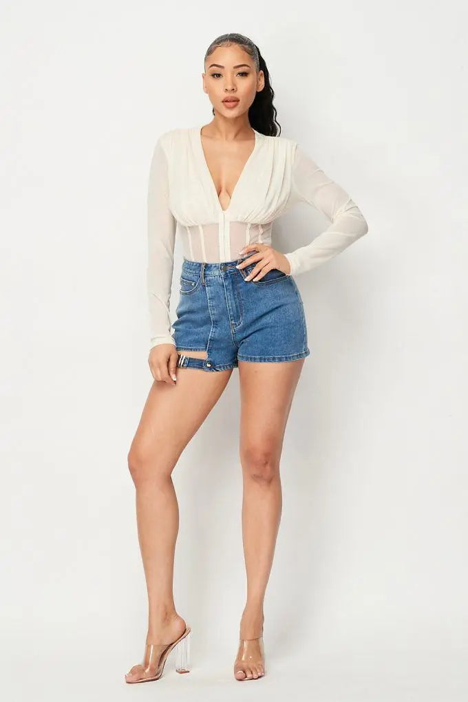 Fishnet Sheer Mesh Back Deep V Neck Bodysuit - ThingsWeUseAndLove 