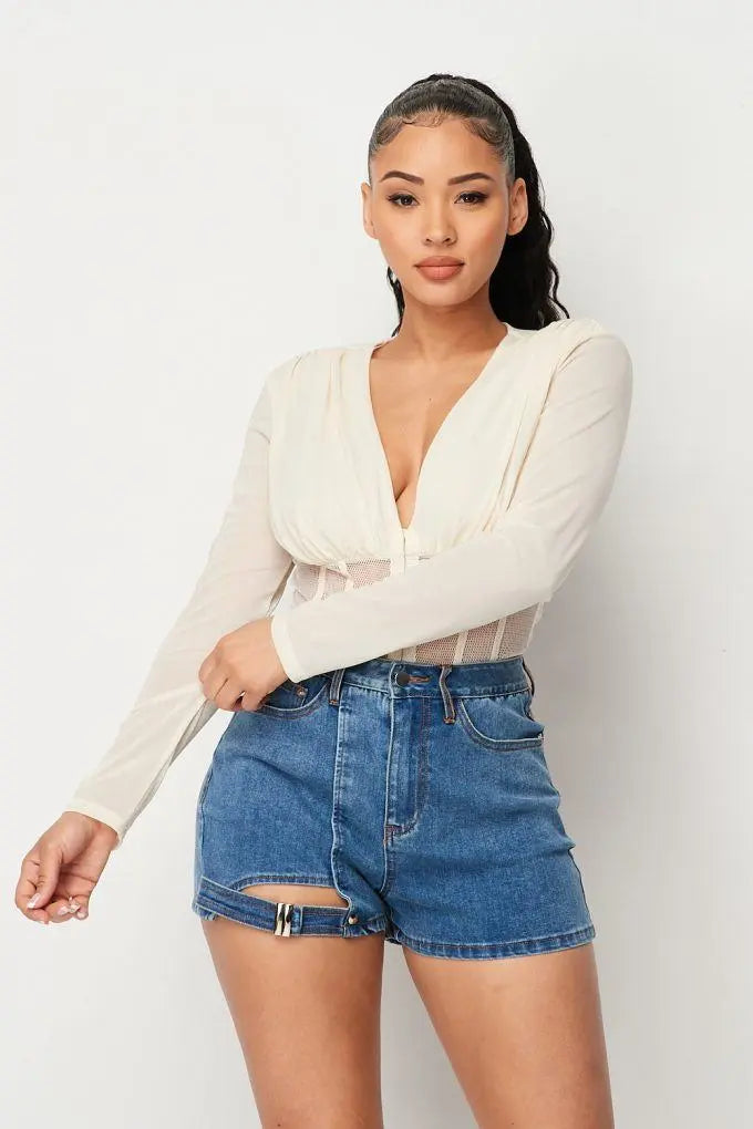 Fishnet Sheer Mesh Back Deep V Neck Bodysuit - ThingsWeUseAndLove 