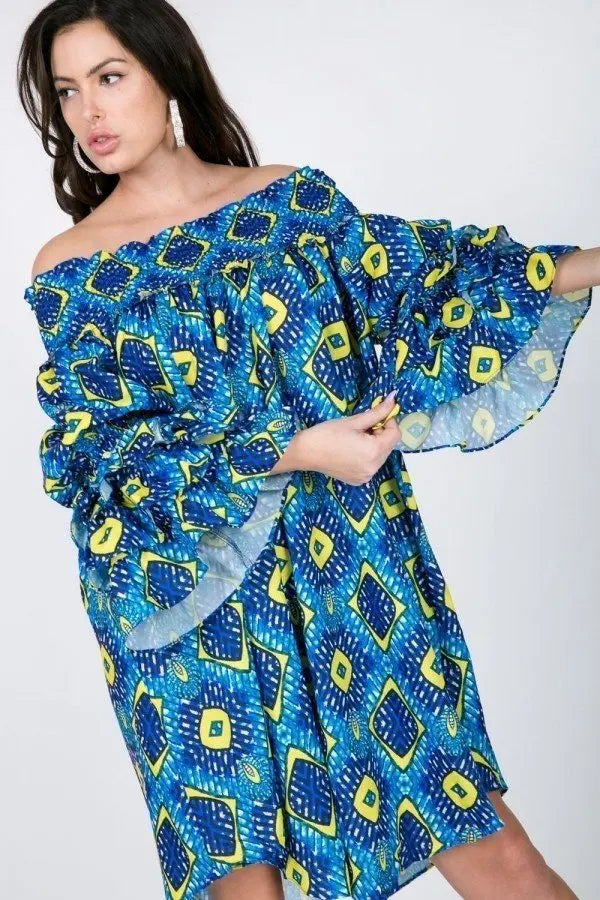 Puffy Ruffle Sleeve Smocking Off Shoulder Print Midi Dress - ThingsWeUseAndLove 