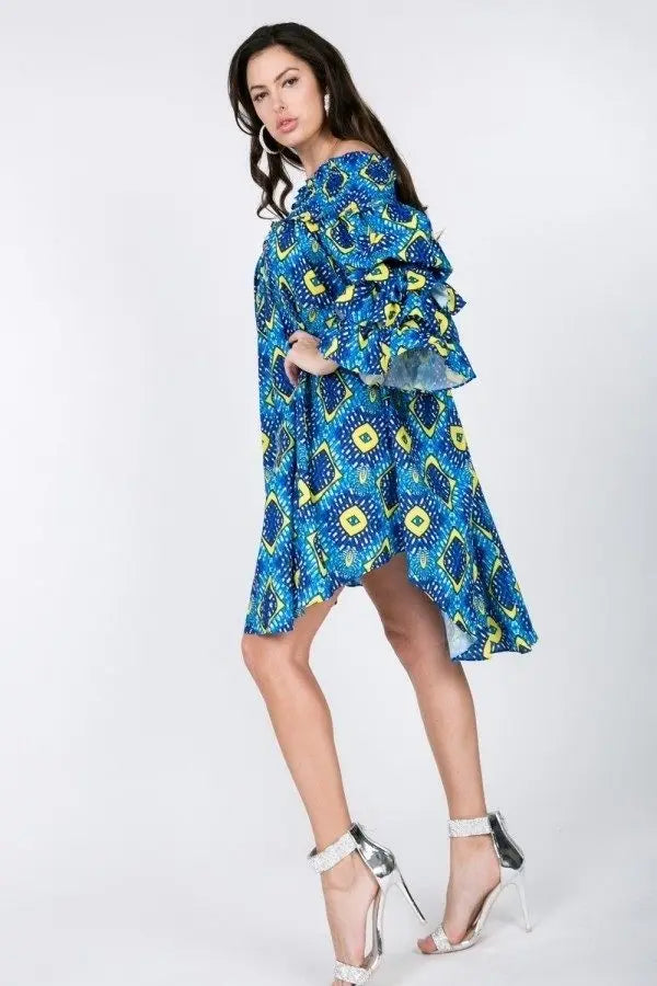 Puffy Ruffle Sleeve Smocking Off Shoulder Print Midi Dress - ThingsWeUseAndLove 