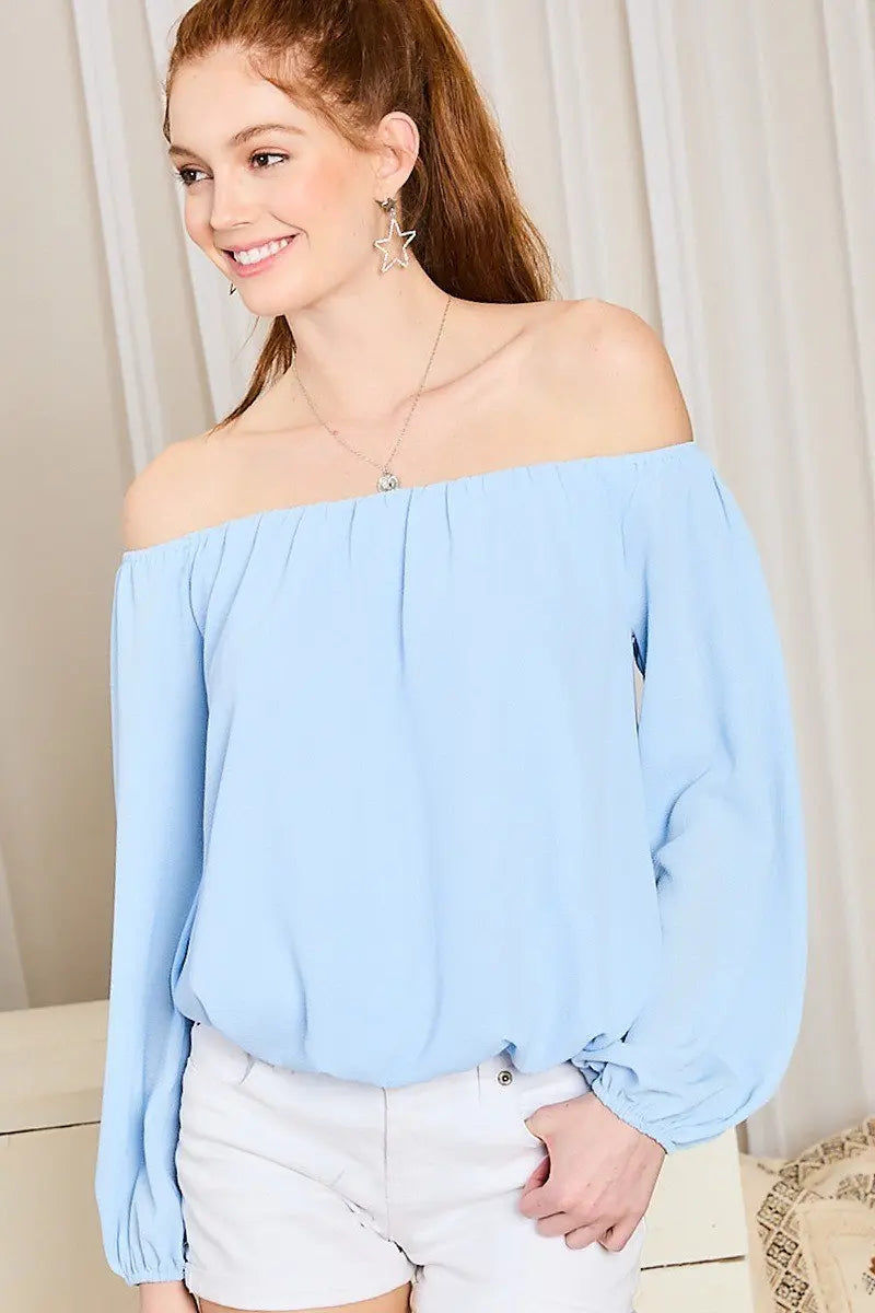 Off Shoulder Long Bubble Sleeve Solid Top - ThingsWeUseAndLove 