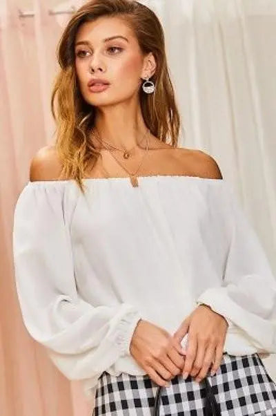 Off Shoulder Long Bubble Sleeve Solid Top - ThingsWeUseAndLove 