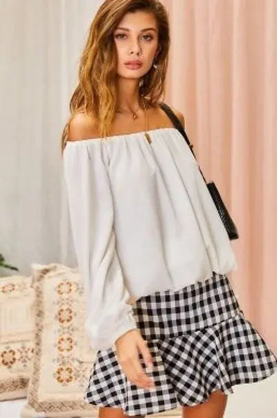 Off Shoulder Long Bubble Sleeve Solid Top - ThingsWeUseAndLove 