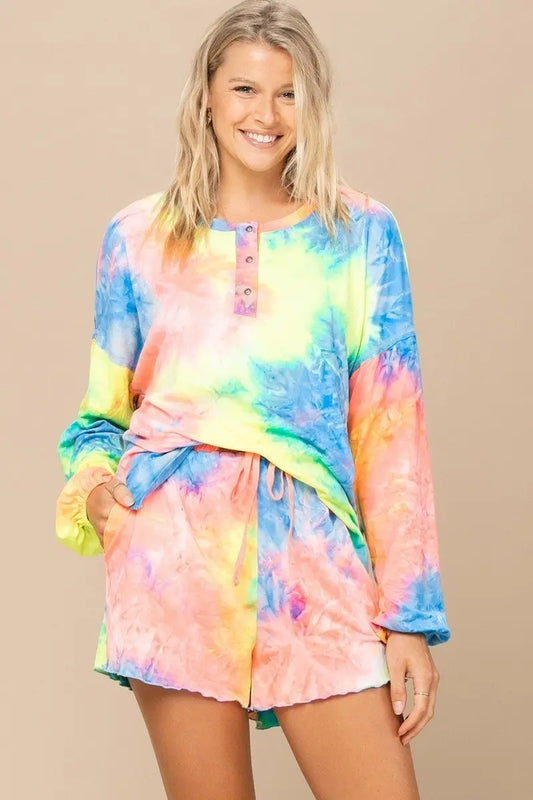 Tie-dye Printed Knit Top And Shorts Set - ThingsWeUseAndLove 