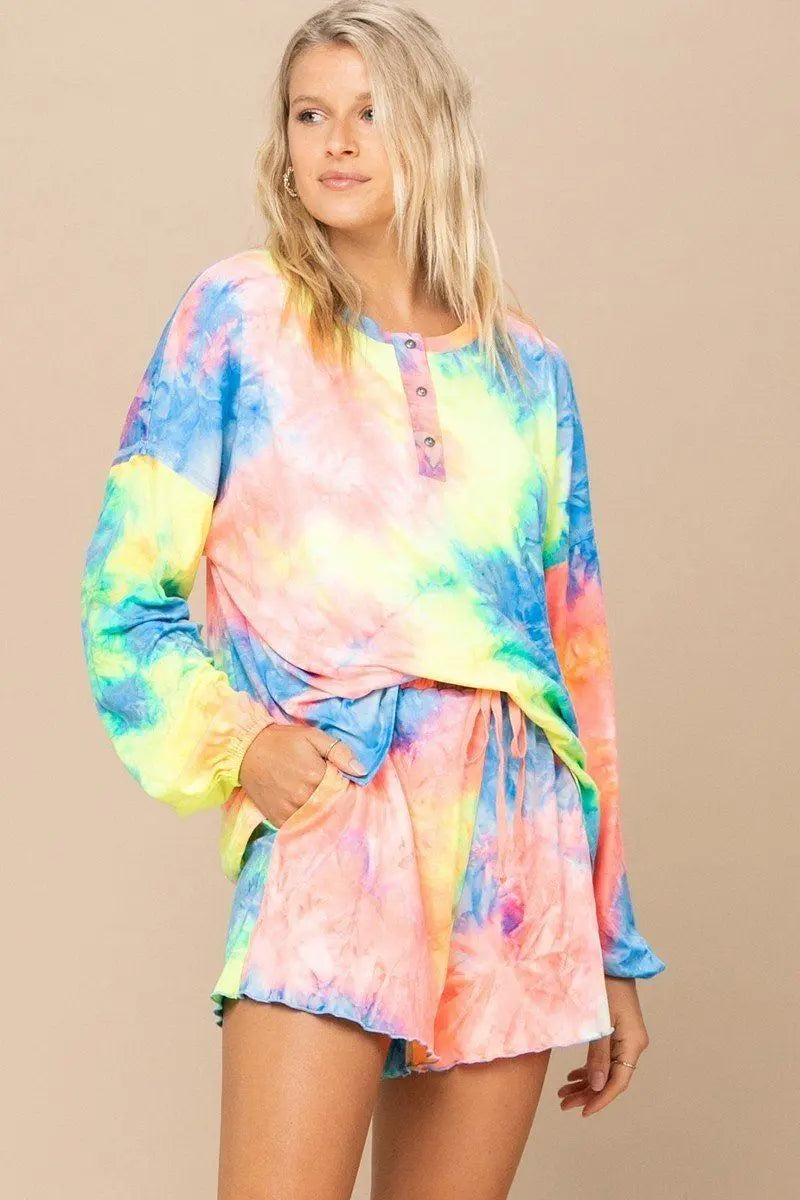 Tie-dye Printed Knit Top And Shorts Set - ThingsWeUseAndLove 