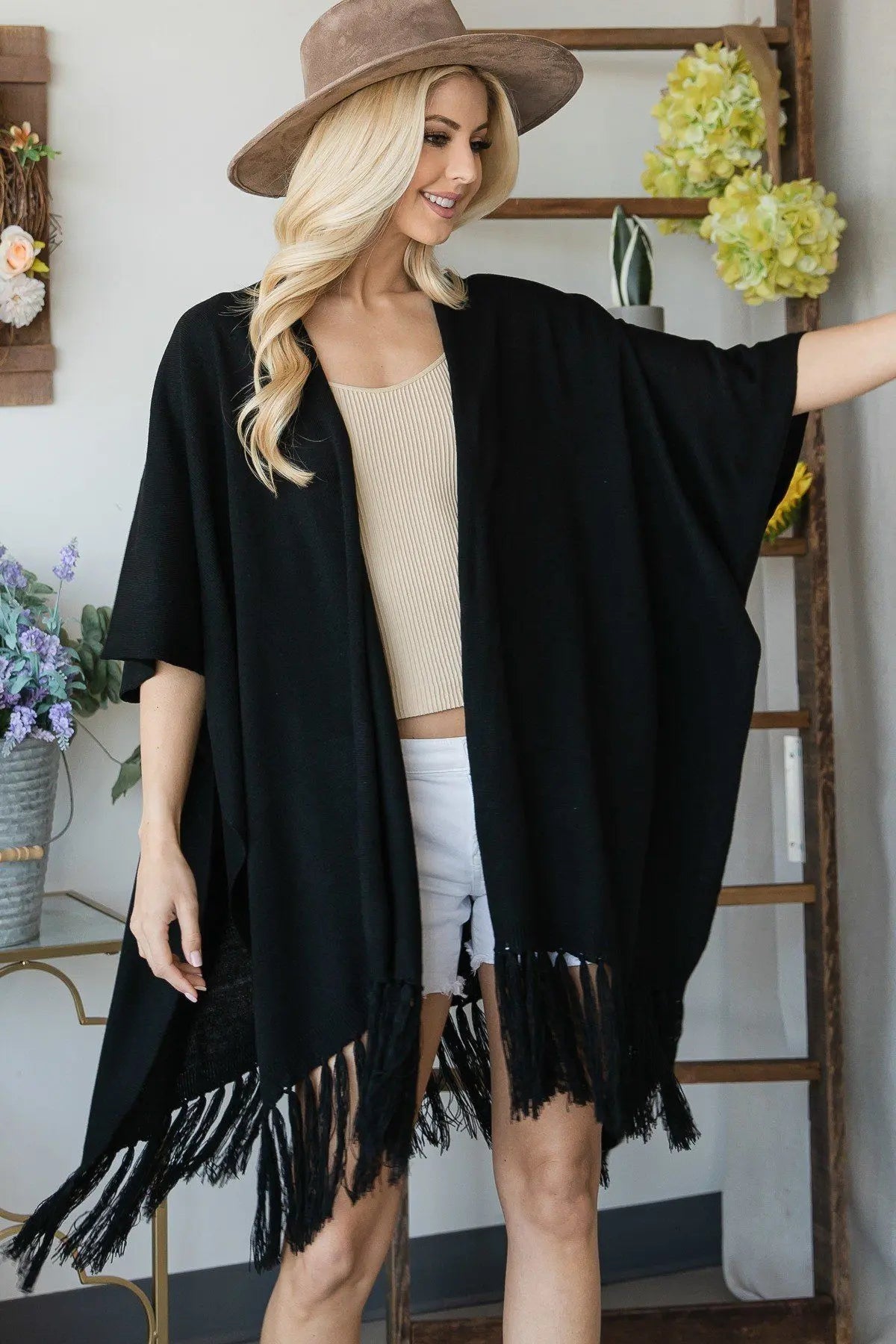 Draped Poncho Cardigan With String Detail - ThingsWeUseAndLove 