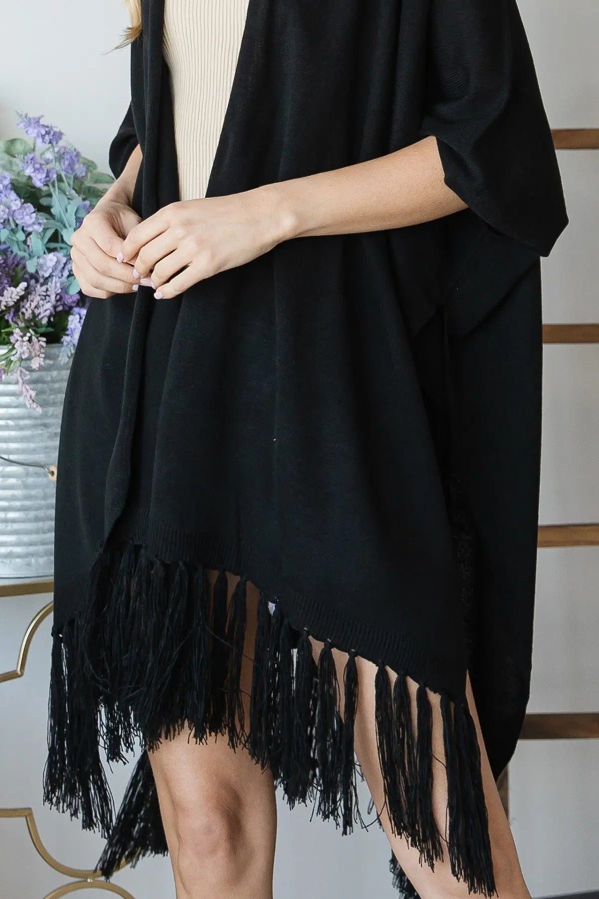 Draped Poncho Cardigan With String Detail - ThingsWeUseAndLove 