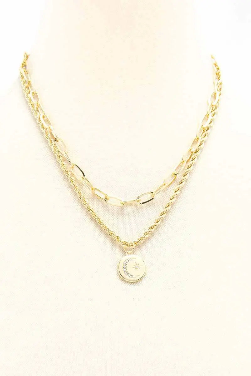 2 Layered Metal Chain Round Pendant Necklace - ThingsWeUseAndLove 