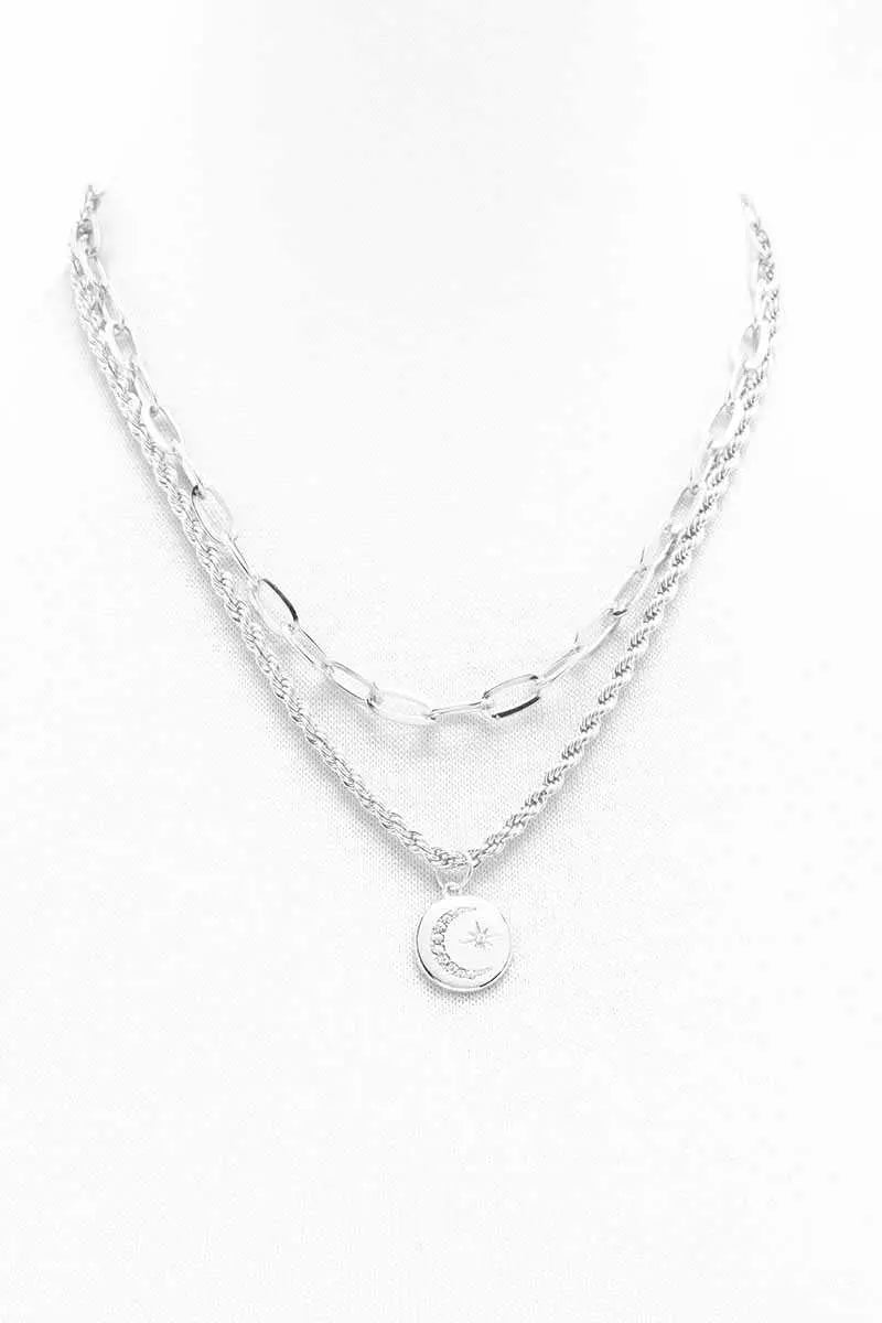 2 Layered Metal Chain Round Pendant Necklace - ThingsWeUseAndLove 