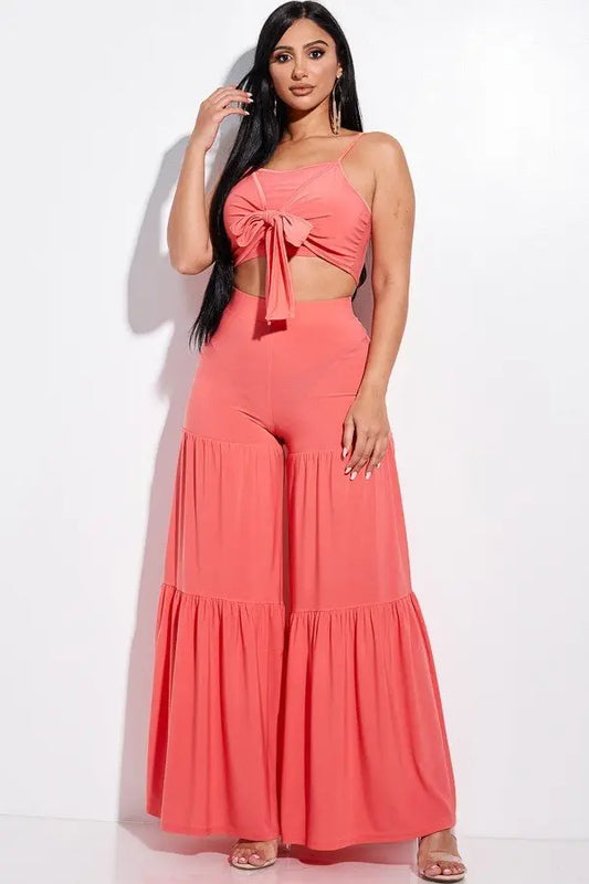 Solid Tie Front Spaghetti Strap Tank Top And Tiered Wide Leg Pants Two Piece Set - ThingsWeUseAndLove 