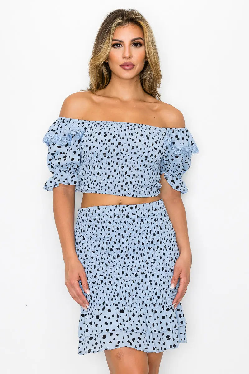 Smocking Ruffled Printed Top & Skirts Set - ThingsWeUseAndLove 