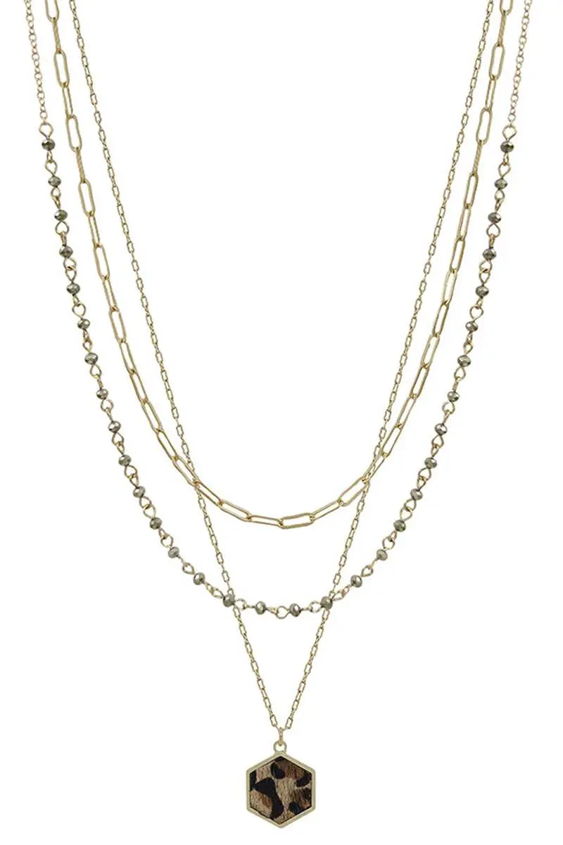 3 Layered Metal Crystal Bead Chain Hexagon Leopard Pendant Necklace - ThingsWeUseAndLove 