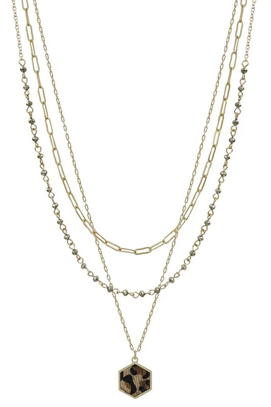 3 Layered Metal Crystal Bead Chain Hexagon Leopard Pendant Necklace - ThingsWeUseAndLove 