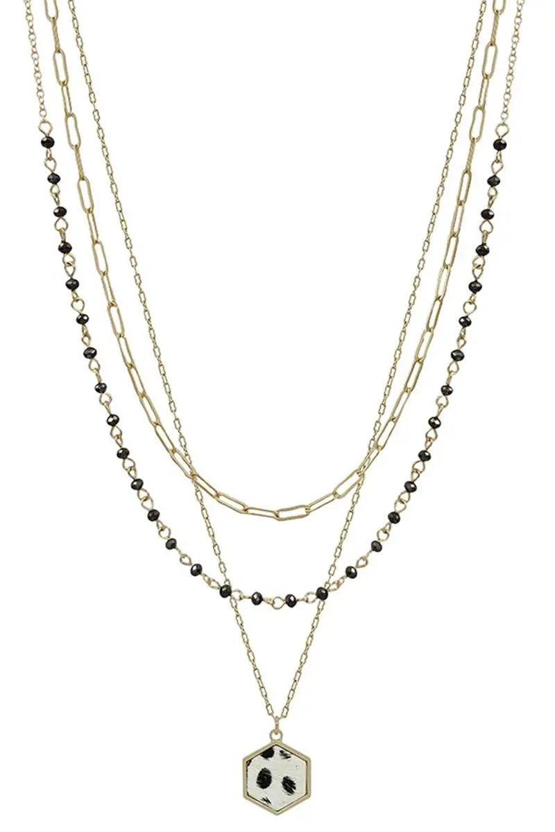 3 Layered Metal Crystal Bead Chain Hexagon Leopard Pendant Necklace - ThingsWeUseAndLove 