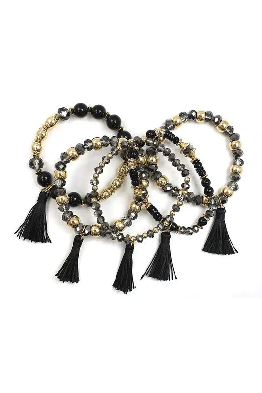 Crystal Stone Ball Bead Tassel Stretch Bracelet Set - ThingsWeUseAndLove 