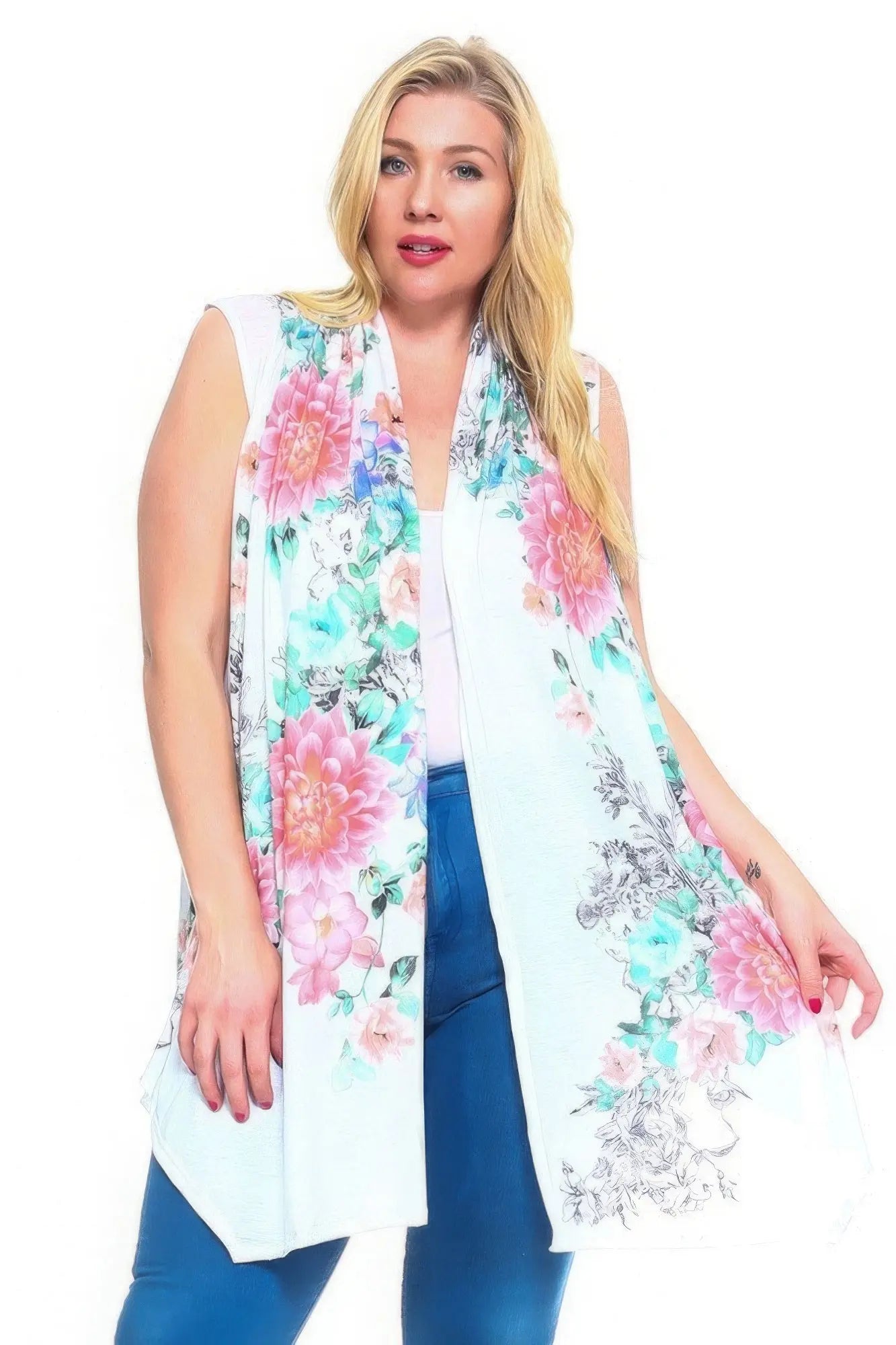 Floral Print, Open Front Vest With An Asymmetric Hem. - ThingsWeUseAndLove 