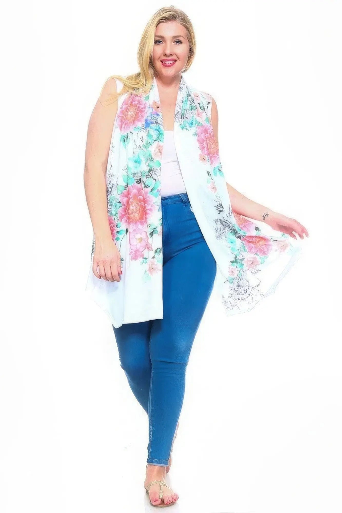 Floral Print, Open Front Vest With An Asymmetric Hem. - ThingsWeUseAndLove 