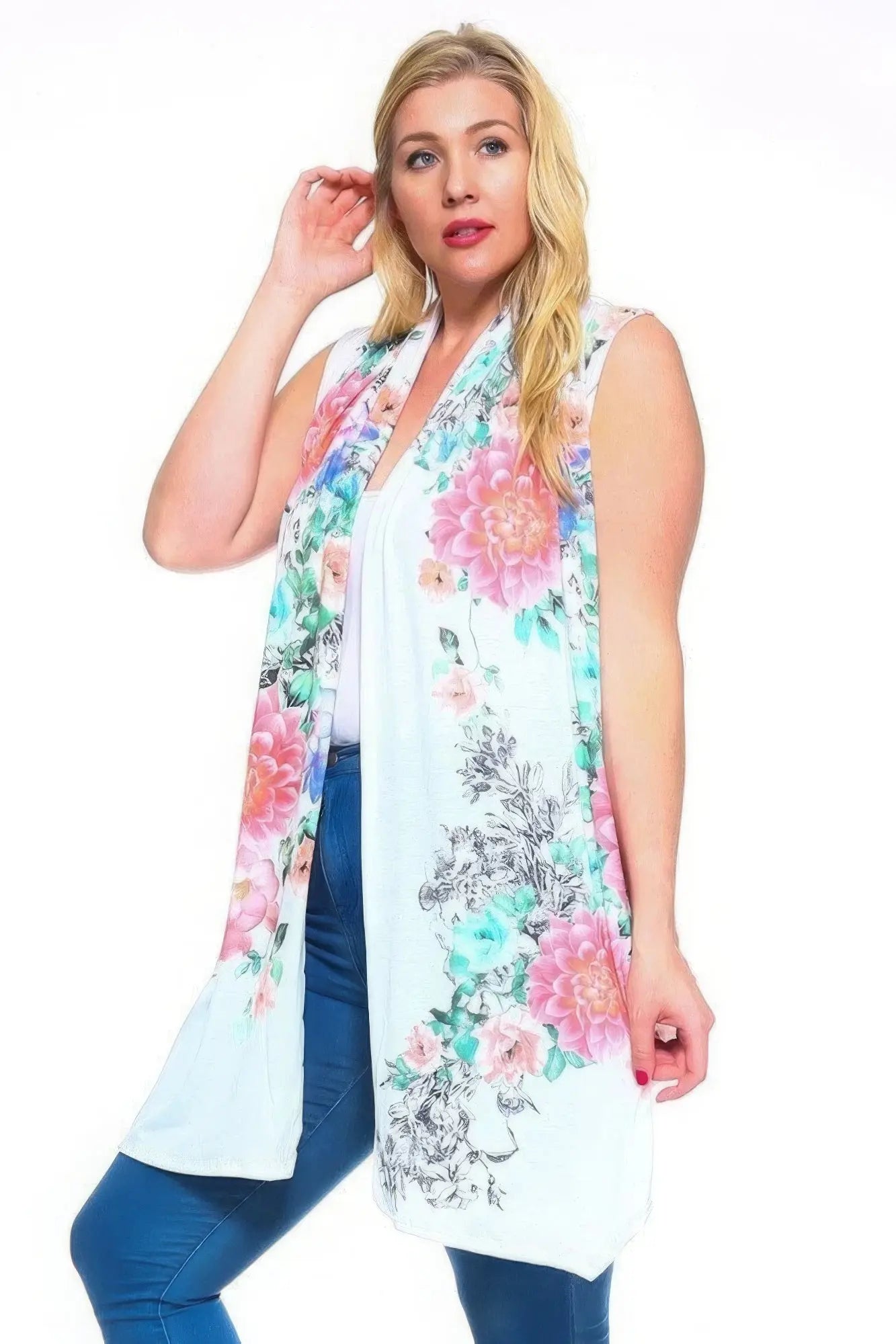 Floral Print, Open Front Vest With An Asymmetric Hem. - ThingsWeUseAndLove 