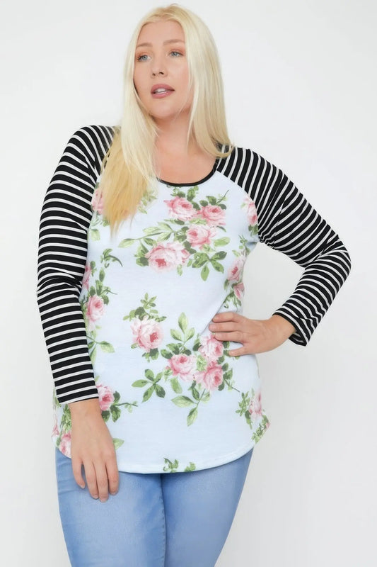 Floral Top Featuring Raglan Style Striped Sleeves And A Round Neck - ThingsWeUseAndLove 