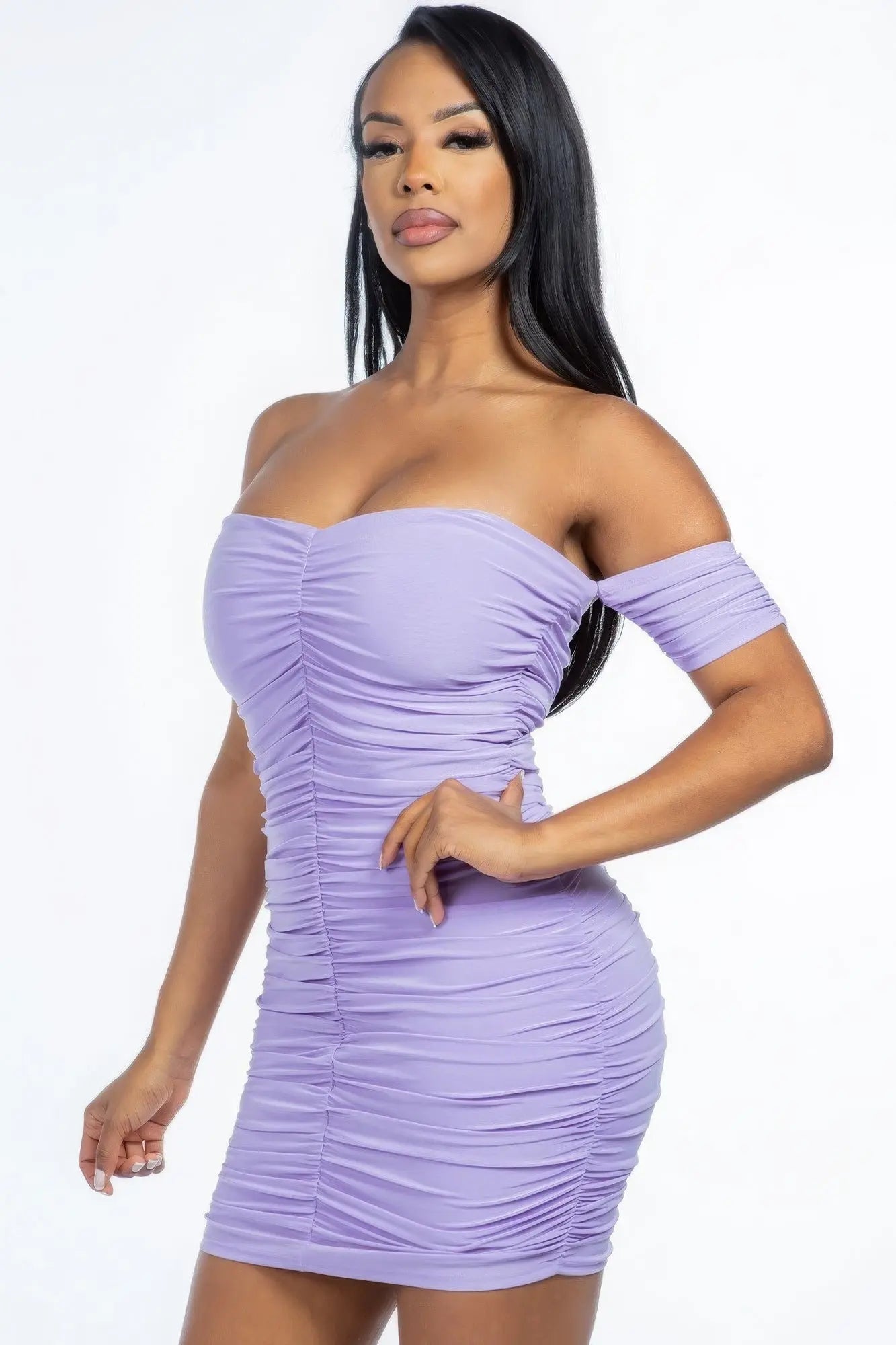 Solid Off The Shoulder Ruched Mini Dress - ThingsWeUseAndLove 