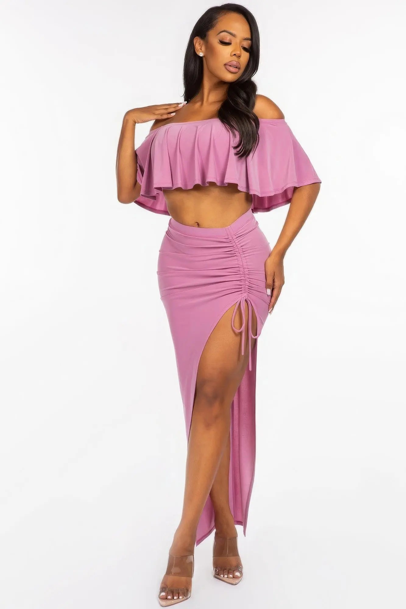 Solid Ity Off The Shoulder Ruffled Cropped Top And Ruched Maxi Skirt Two Piece Set - ThingsWeUseAndLove 