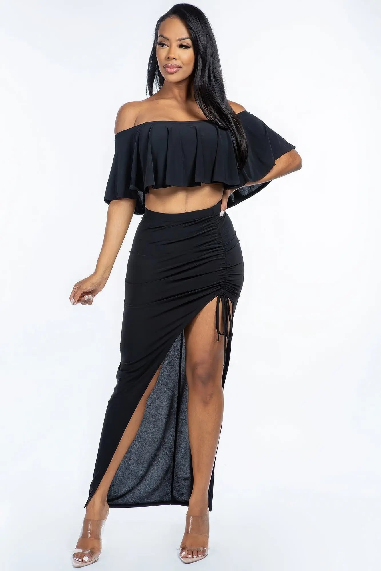 Solid Ity Off The Shoulder Ruffled Cropped Top And Ruched Maxi Skirt Two Piece Set - ThingsWeUseAndLove 