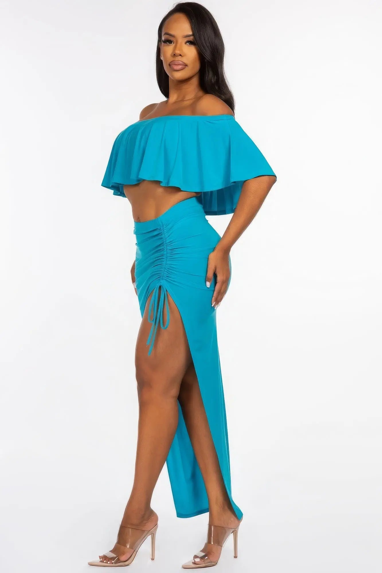 Solid Ity Off The Shoulder Ruffled Cropped Top And Ruched Maxi Skirt Two Piece Set - ThingsWeUseAndLove 