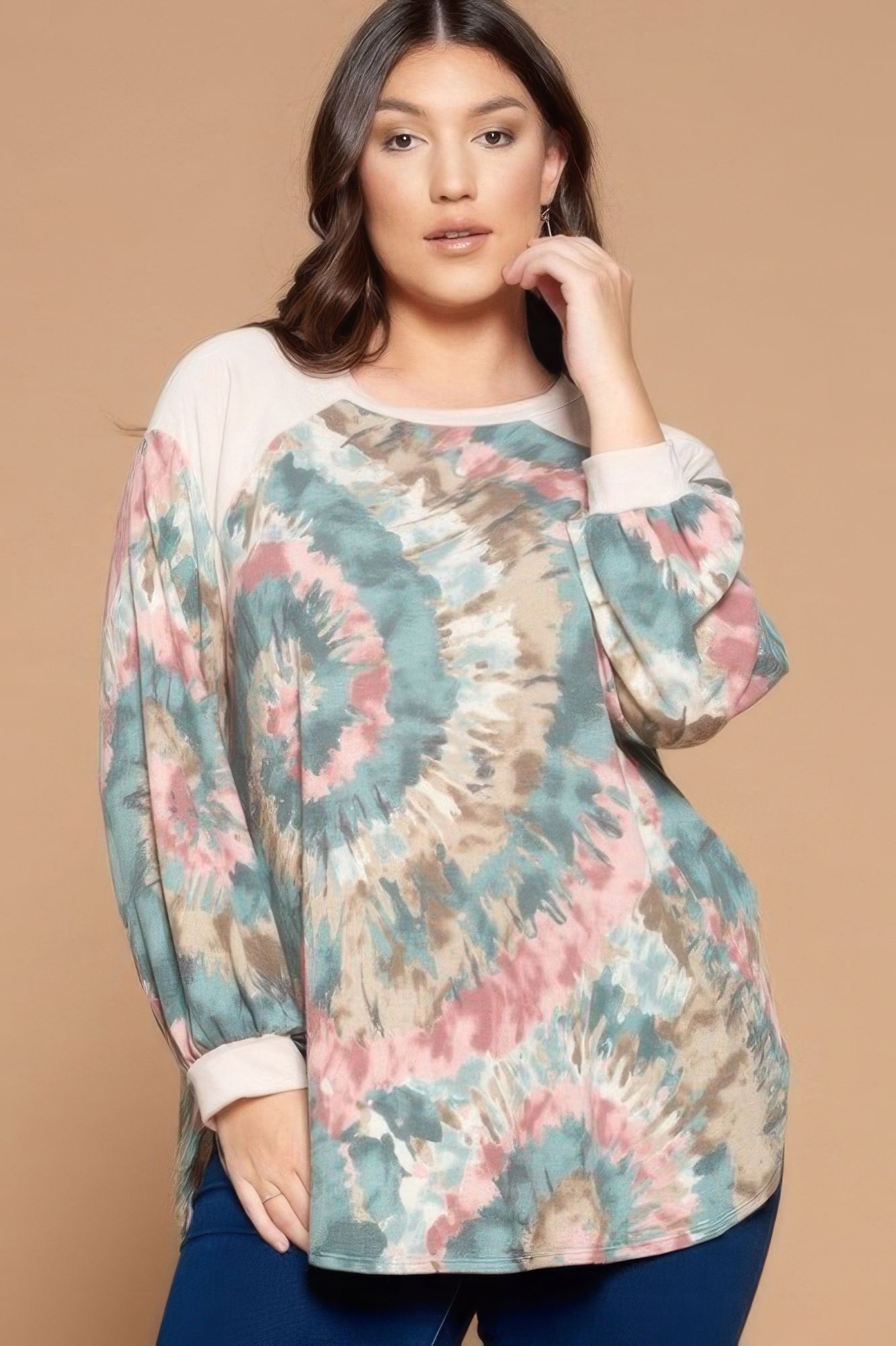 Plus Size Tie Dye French Terry Print Balloon Sleeve Top - ThingsWeUseAndLove 