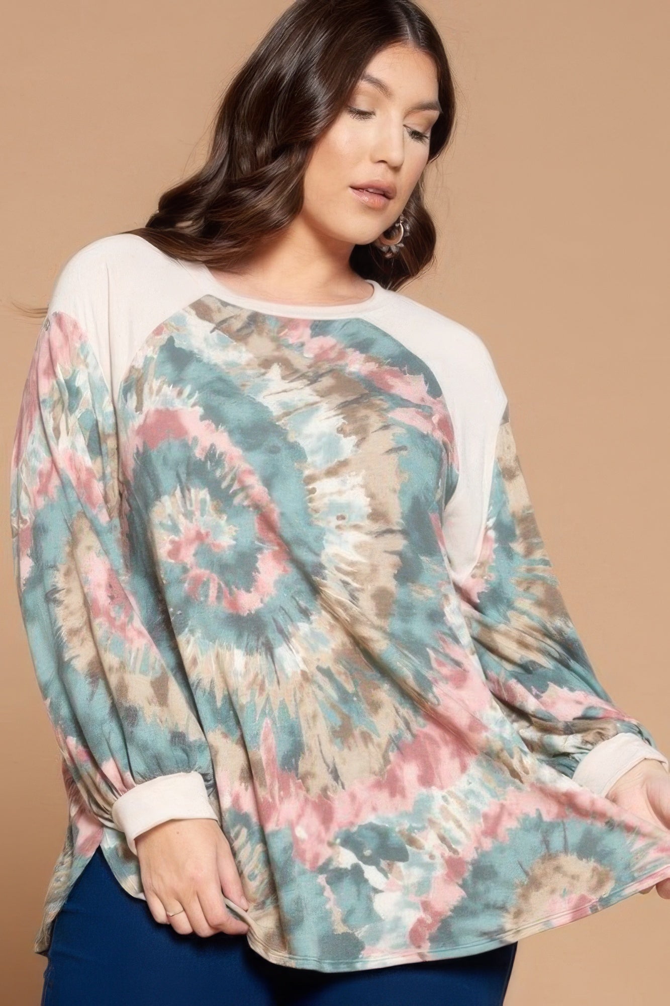 Plus Size Tie Dye French Terry Print Balloon Sleeve Top - ThingsWeUseAndLove 