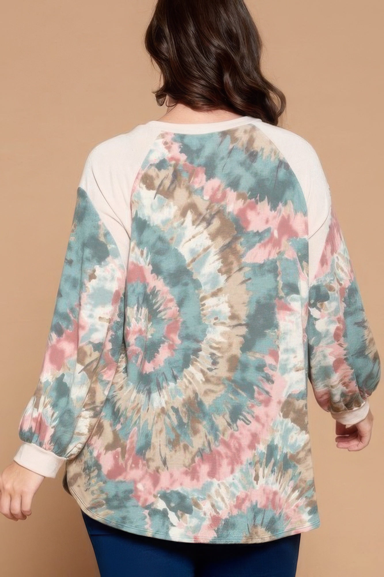 Plus Size Tie Dye French Terry Print Balloon Sleeve Top - ThingsWeUseAndLove 