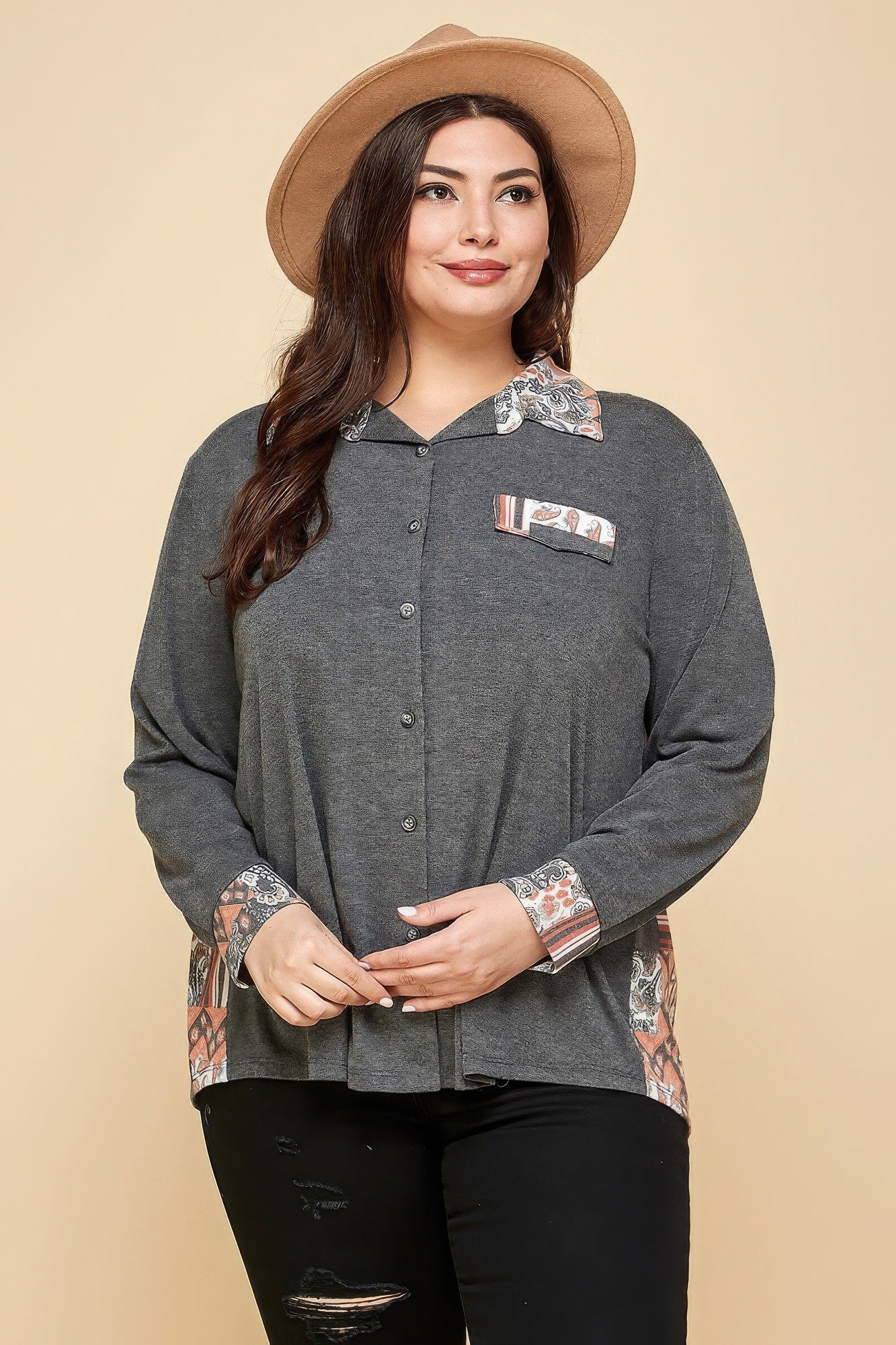 Plus Size Printed Patchwork Contrast Button Up Shirt - ThingsWeUseAndLove 