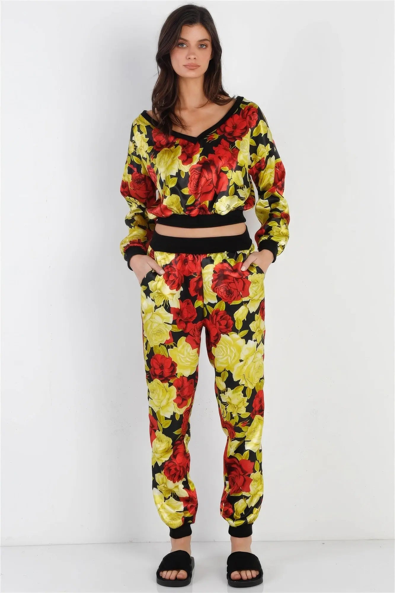 Black & Satin Effect Red & Lime Floral Print V-neck Top & Pants Set - ThingsWeUseAndLove 