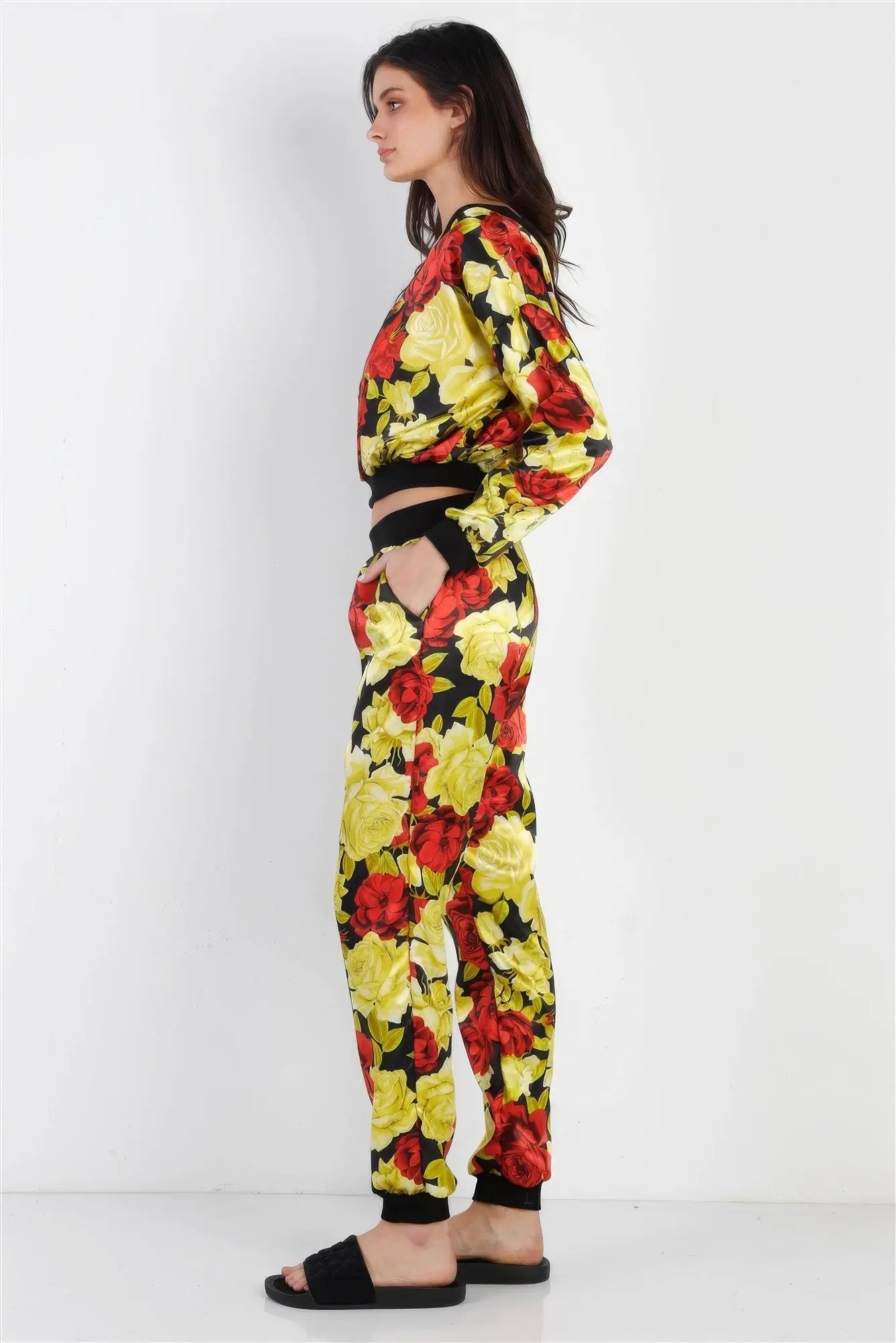 Black & Satin Effect Red & Lime Floral Print V-neck Top & Pants Set - ThingsWeUseAndLove 