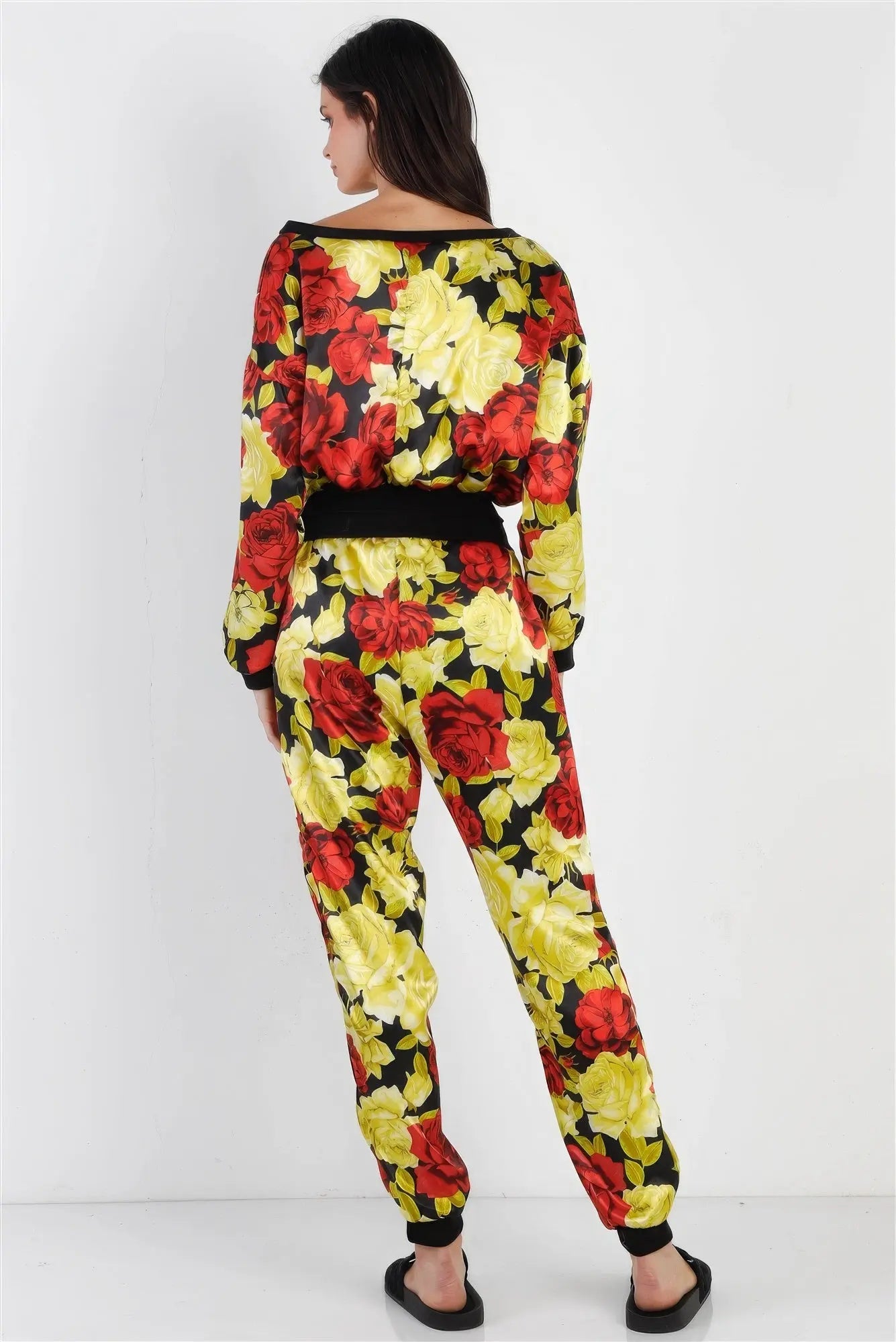 Black & Satin Effect Red & Lime Floral Print V-neck Top & Pants Set - ThingsWeUseAndLove 