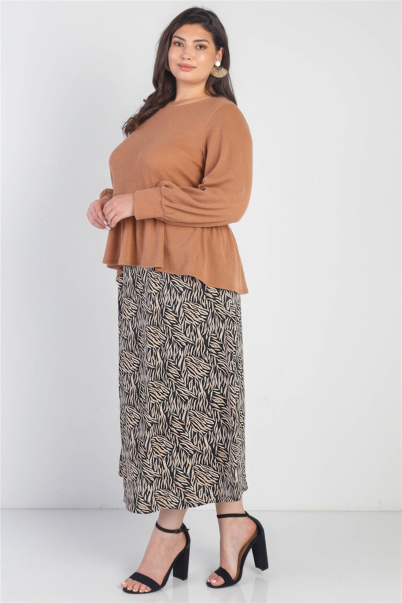 Plus Caramel Waffle Knit Back Button Detail Long Sleeve Top - ThingsWeUseAndLove 