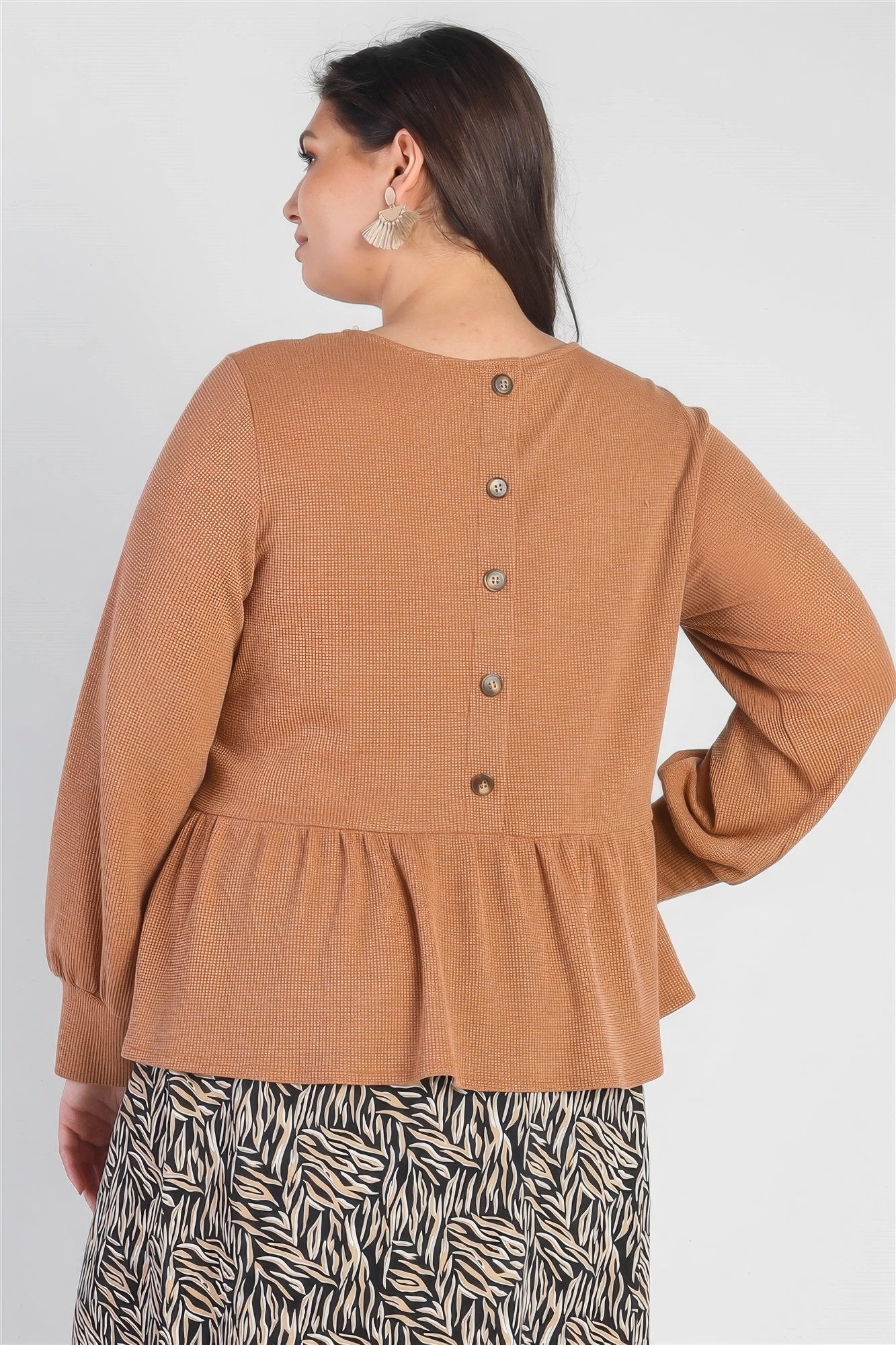 Plus Caramel Waffle Knit Back Button Detail Long Sleeve Top - ThingsWeUseAndLove 